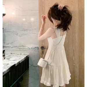 Alternative view of white moonlight temperament sweet and gentle style slimming solid color dress
