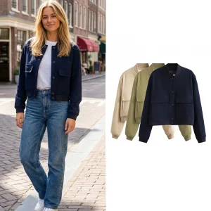 Women Fashion Solid Bomber Jackets Coat With Pockets
